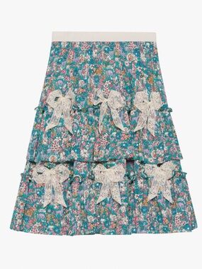 Gucci Teal Floral Tiered A-Line Skirt with Cream Lace Bows - Xs - kids 12